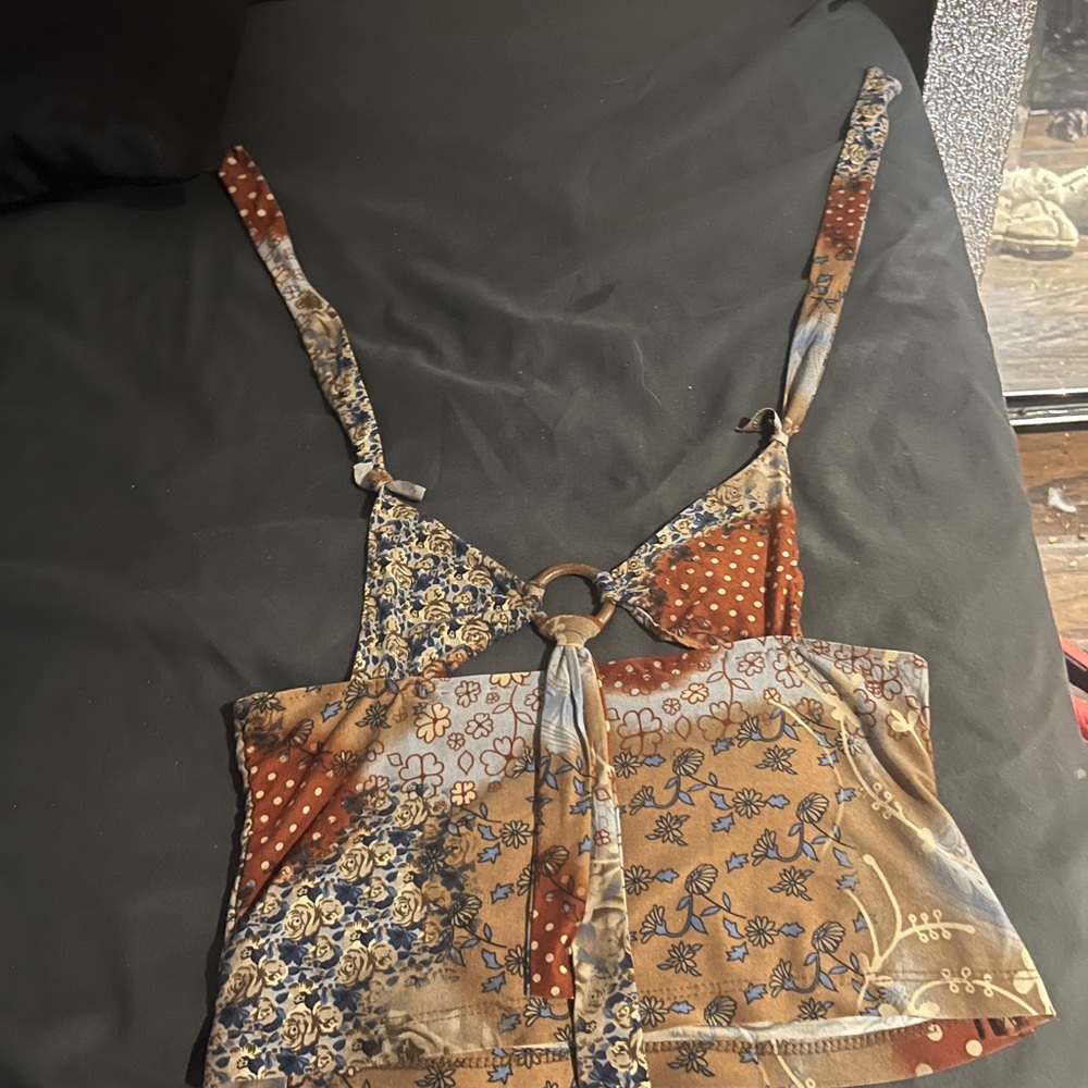 Orange and Brown Sleeveless Crop Camisole with Tie Front
